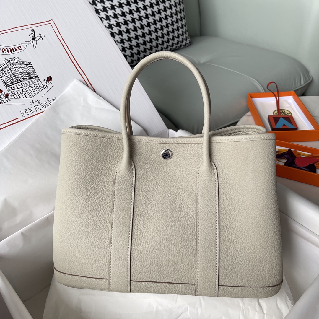 Hermes Garden Party 30cm Tote Handbag In Pearl Grey Clemence Leather